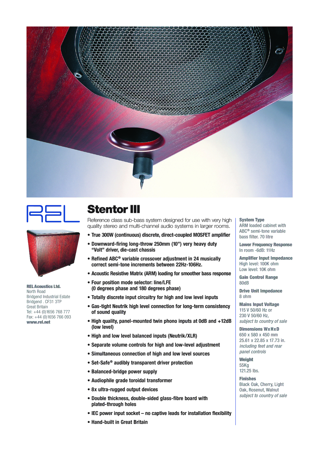 REL Acoustics Stentor III, Studio III dimensions Drive Unit Impedance 