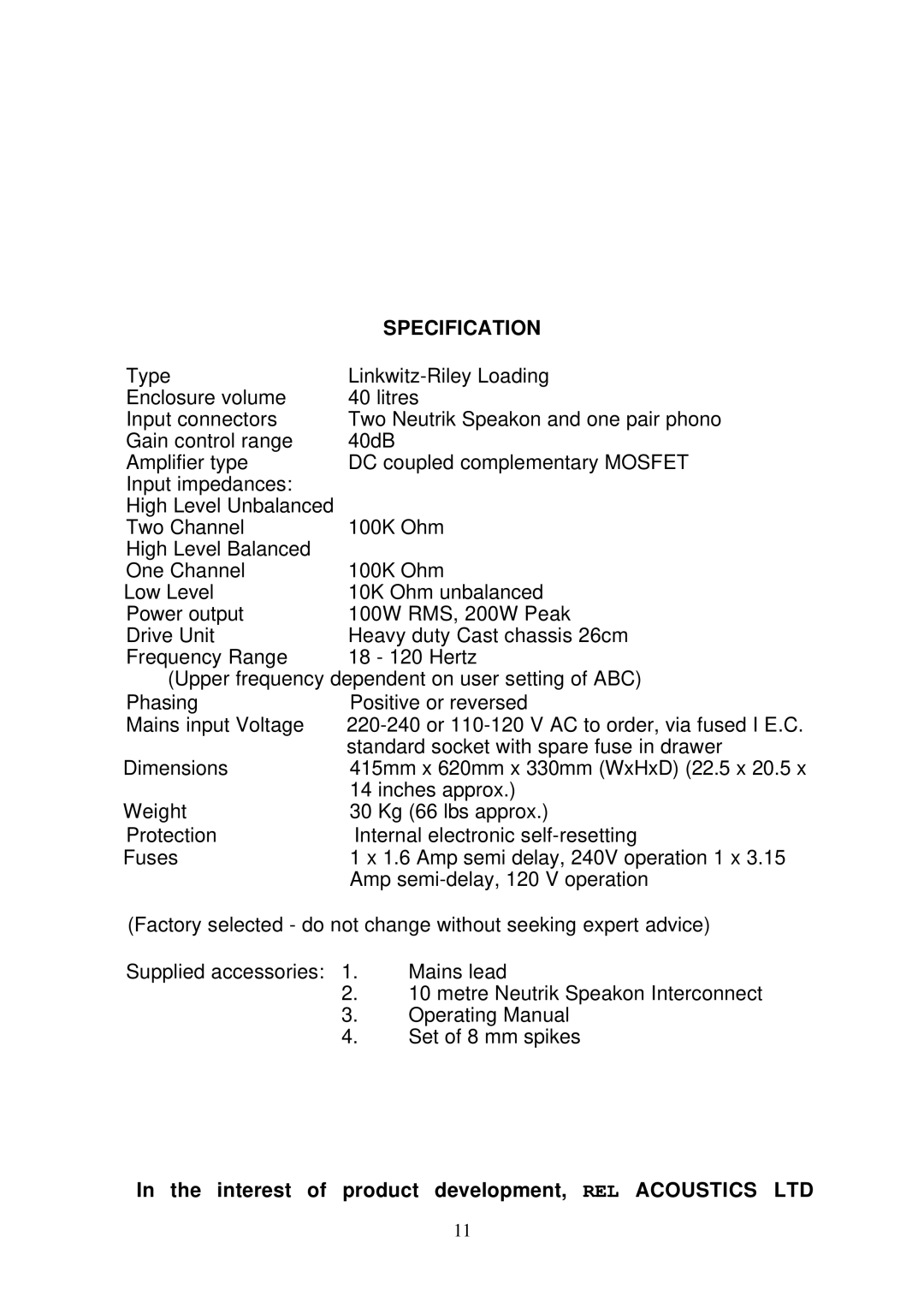 REL Acoustics Storm manual Specification 