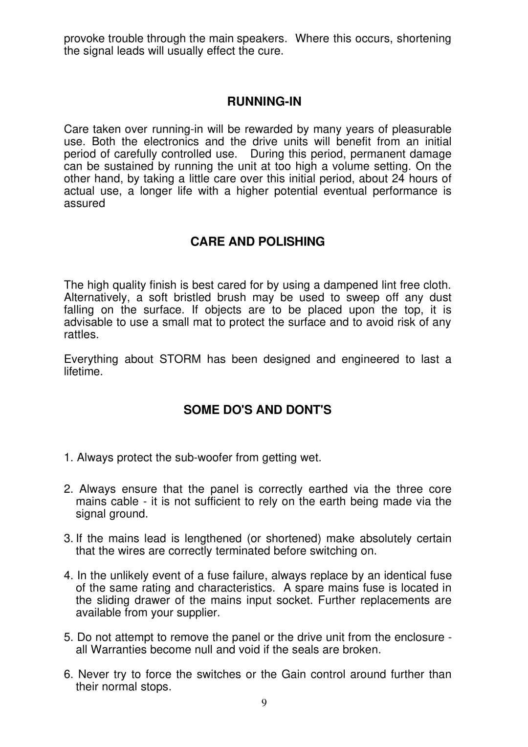 REL Acoustics Storm manual Running-In, Care and Polishing, Some DOS and Donts 