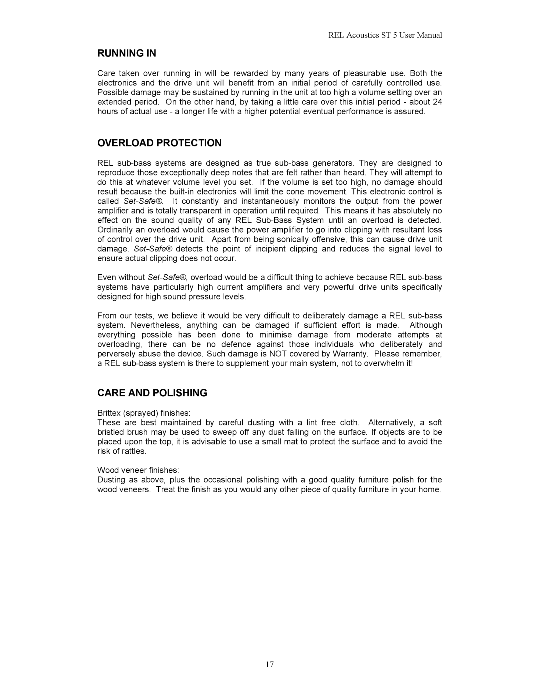 REL Acoustics Stampede, Strata 5 user manual Running, Overload Protection, Care and Polishing 