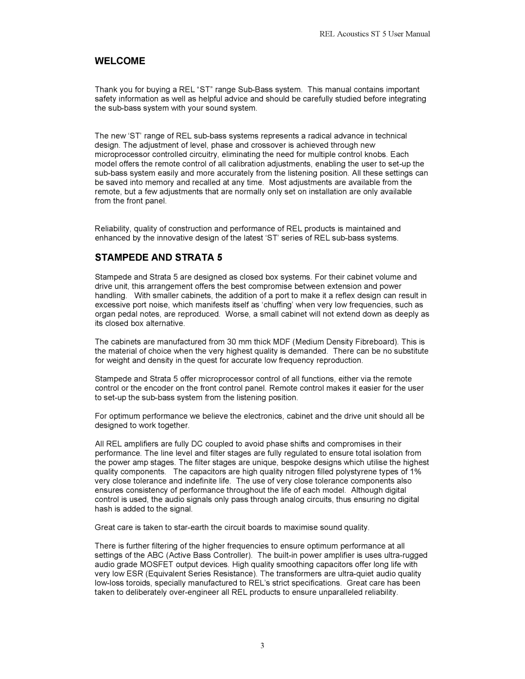 REL Acoustics Strata 5 user manual Welcome, Stampede and Strata 