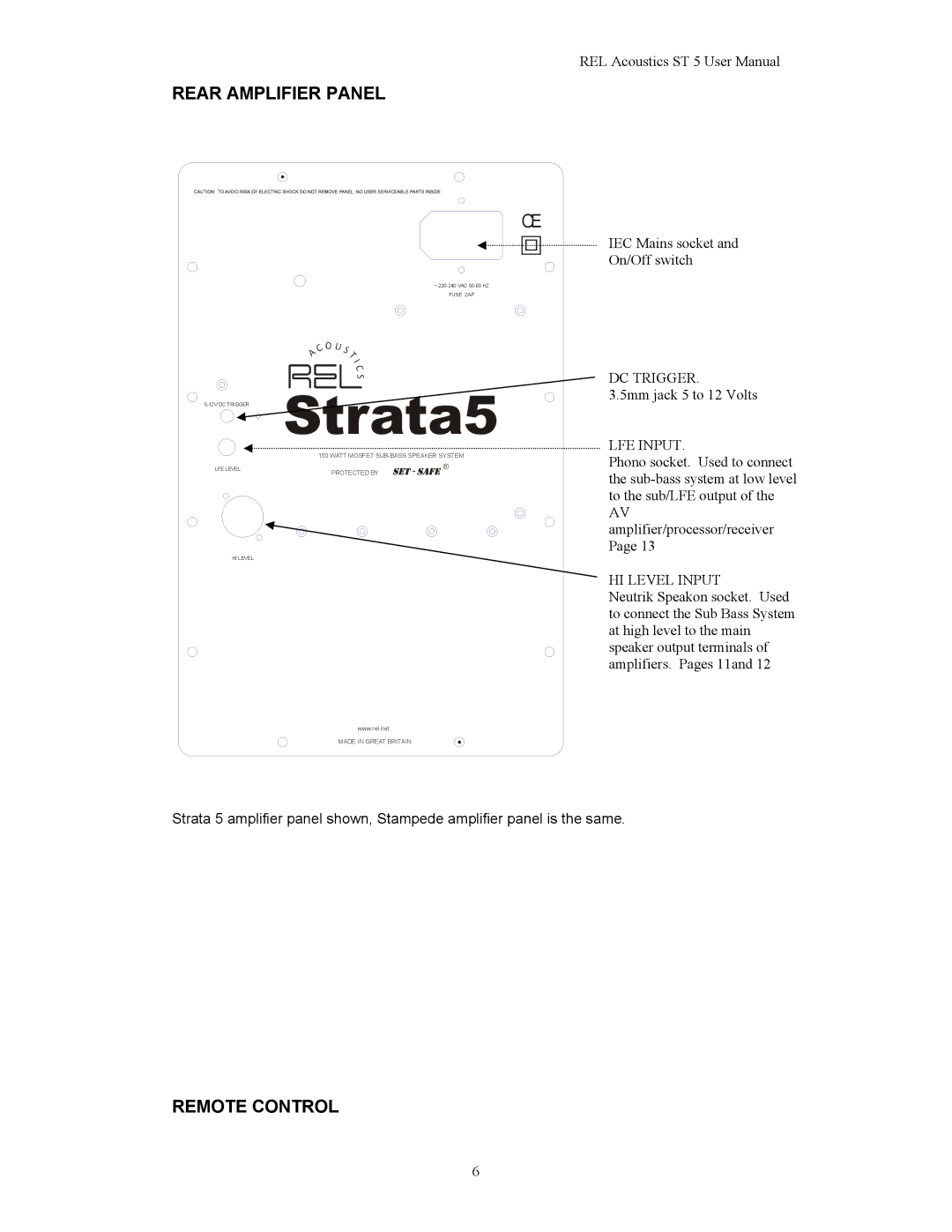 REL Acoustics Strata 5, Stampede user manual Rear Amplifier Panel, Remote Control 