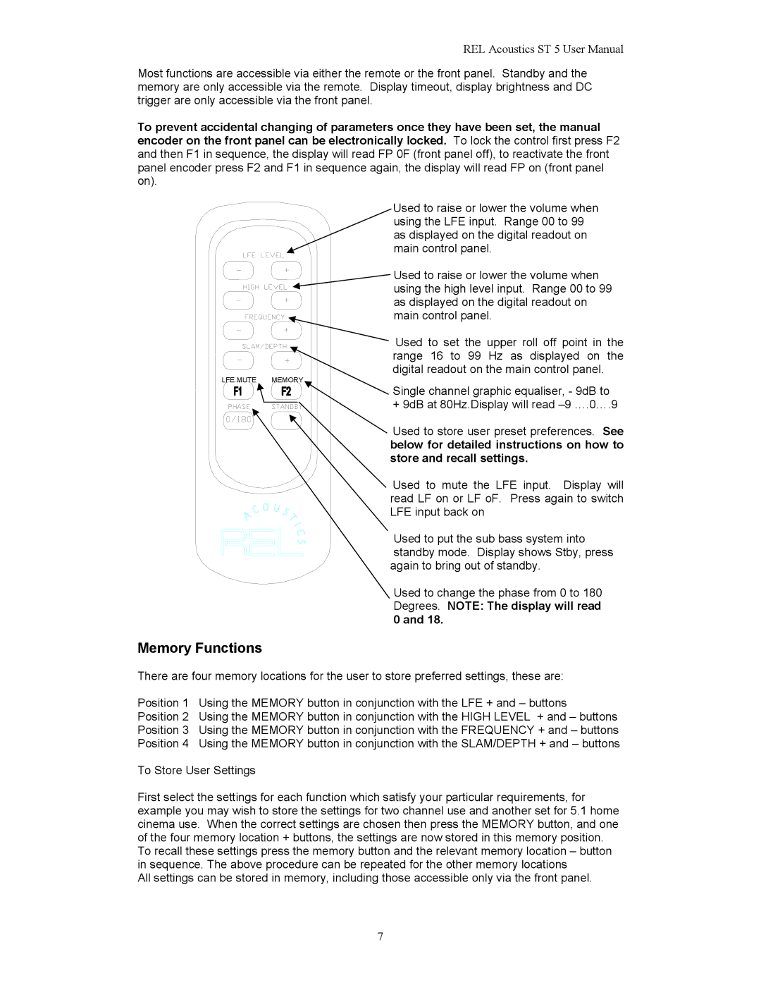 REL Acoustics Stampede, Strata 5 user manual Memory Functions, To Store User Settings 