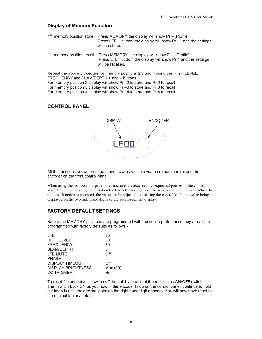 REL Acoustics Strata 5, Stampede user manual Display of Memory Function, Control Panel, Factory Default Settings 