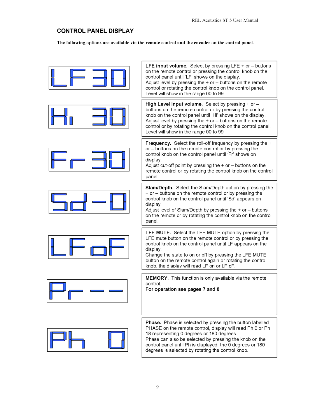 REL Acoustics Stampede, Strata 5 user manual Control Panel Display, For operation see pages 7 