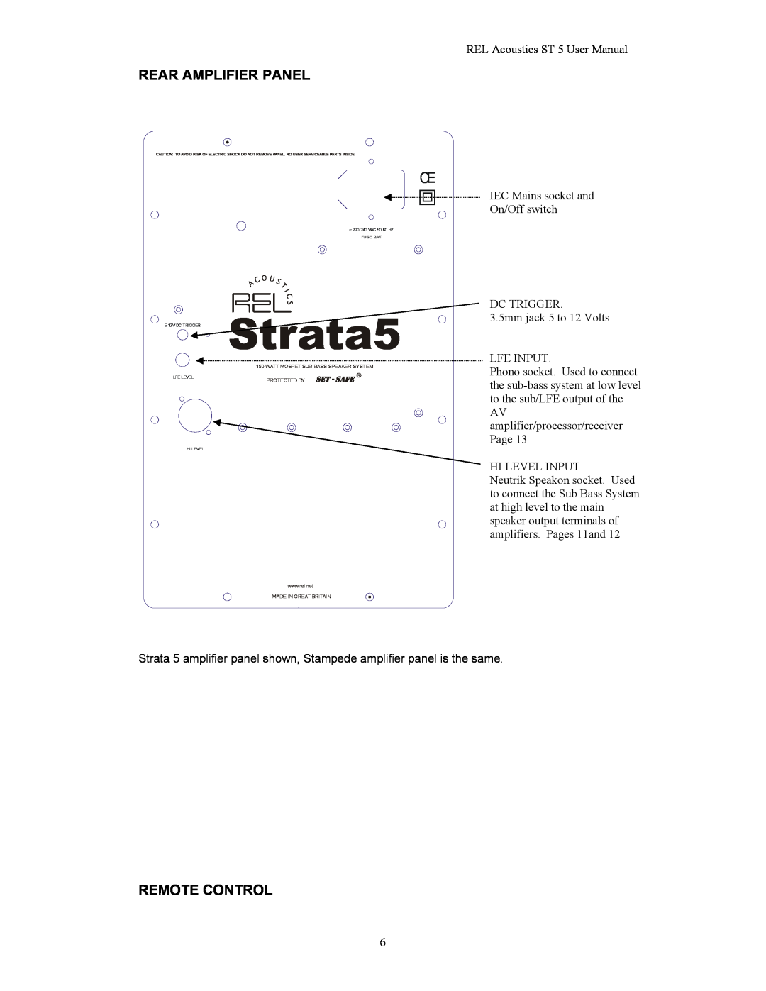 REL Acoustics Strata 5, Stampede user manual Rear Amplifier Panel, Remote Control 