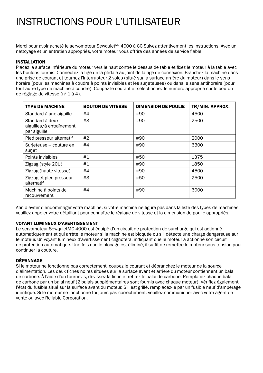 Reliable 4000 instruction manual Instructions Pour L’UTILISATEUR, Voyant Lumineux D’AVERTISSEMENT, Dépannage 