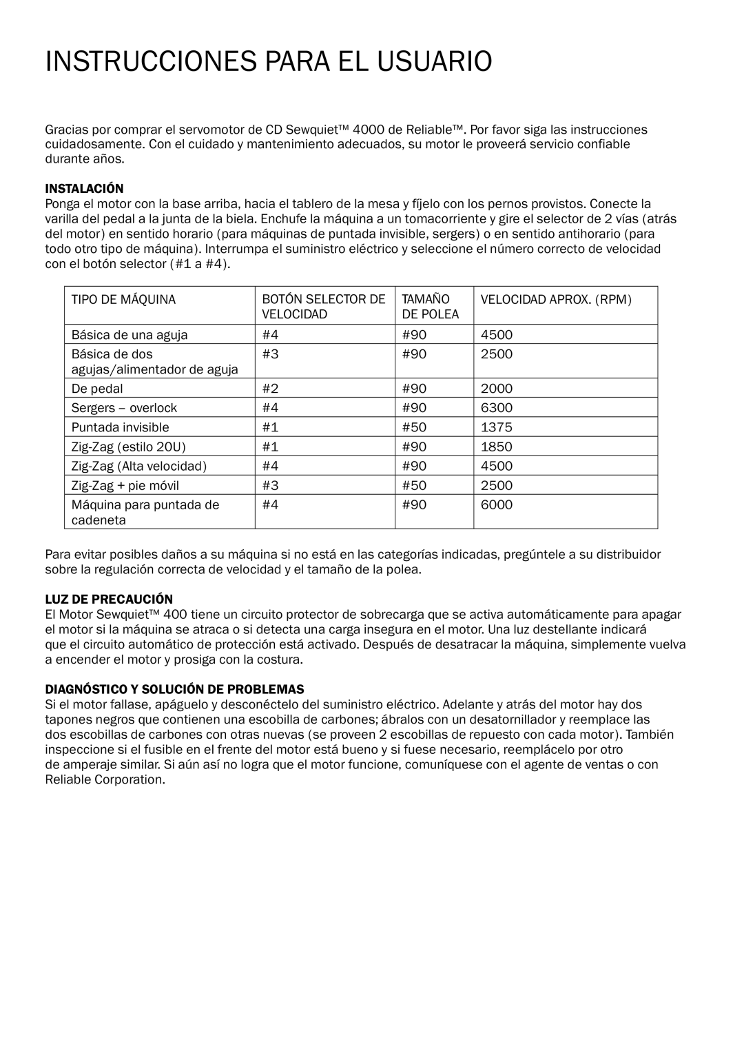 Reliable 4000 Instrucciones Para EL Usuario, Instalación, LUZ DE Precaución, Diagnóstico Y Solución DE Problemas 