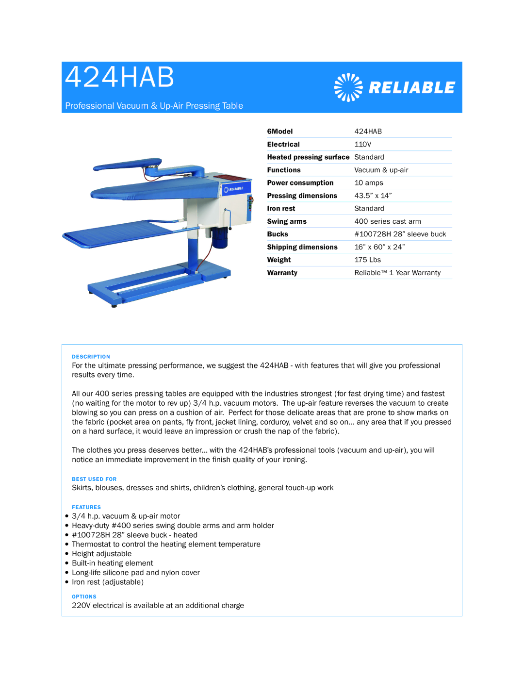 Reliable 424HAB dimensions Professional Vacuum & Up-Air Pressing Table 