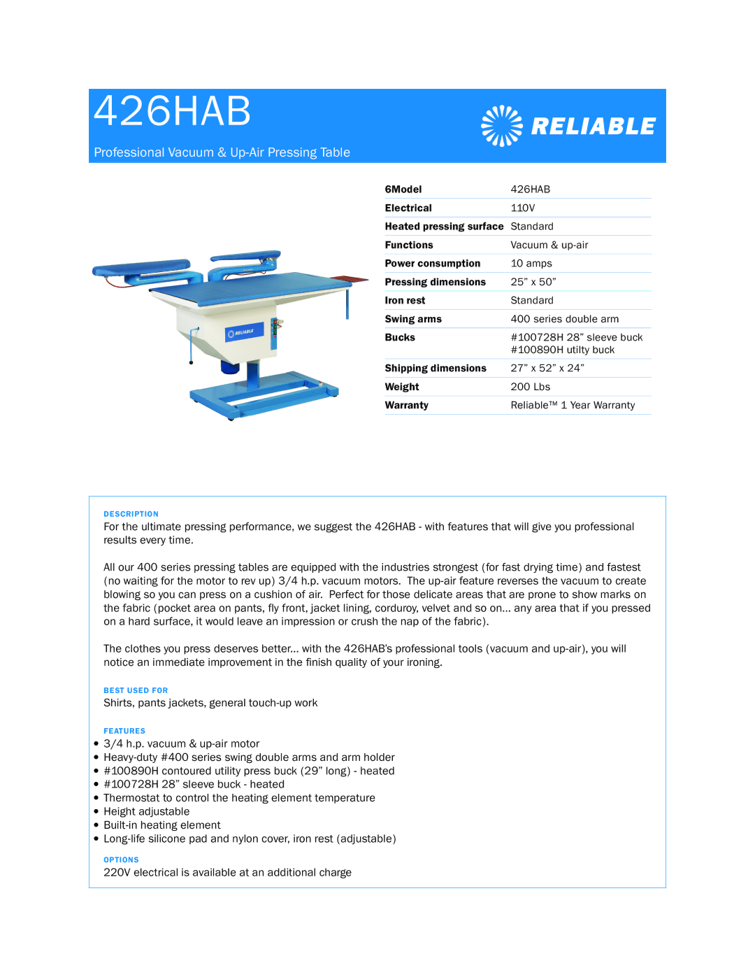 Reliable 426HAB dimensions Professional Vacuum & Up-Air Pressing Table 