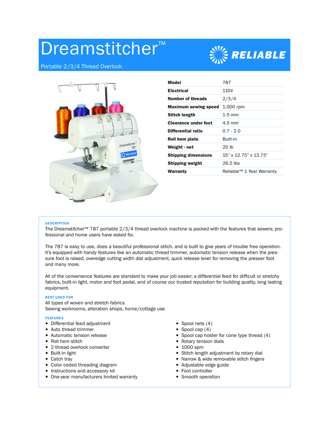 Reliable 787 dimensions Dreamstitcher, Portable 2/3/4 Thread Overlock 