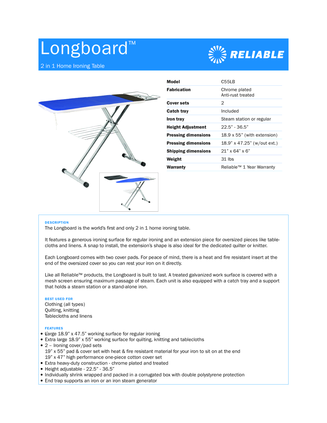 Reliable C55LB dimensions Longboard, Home Ironing Table 