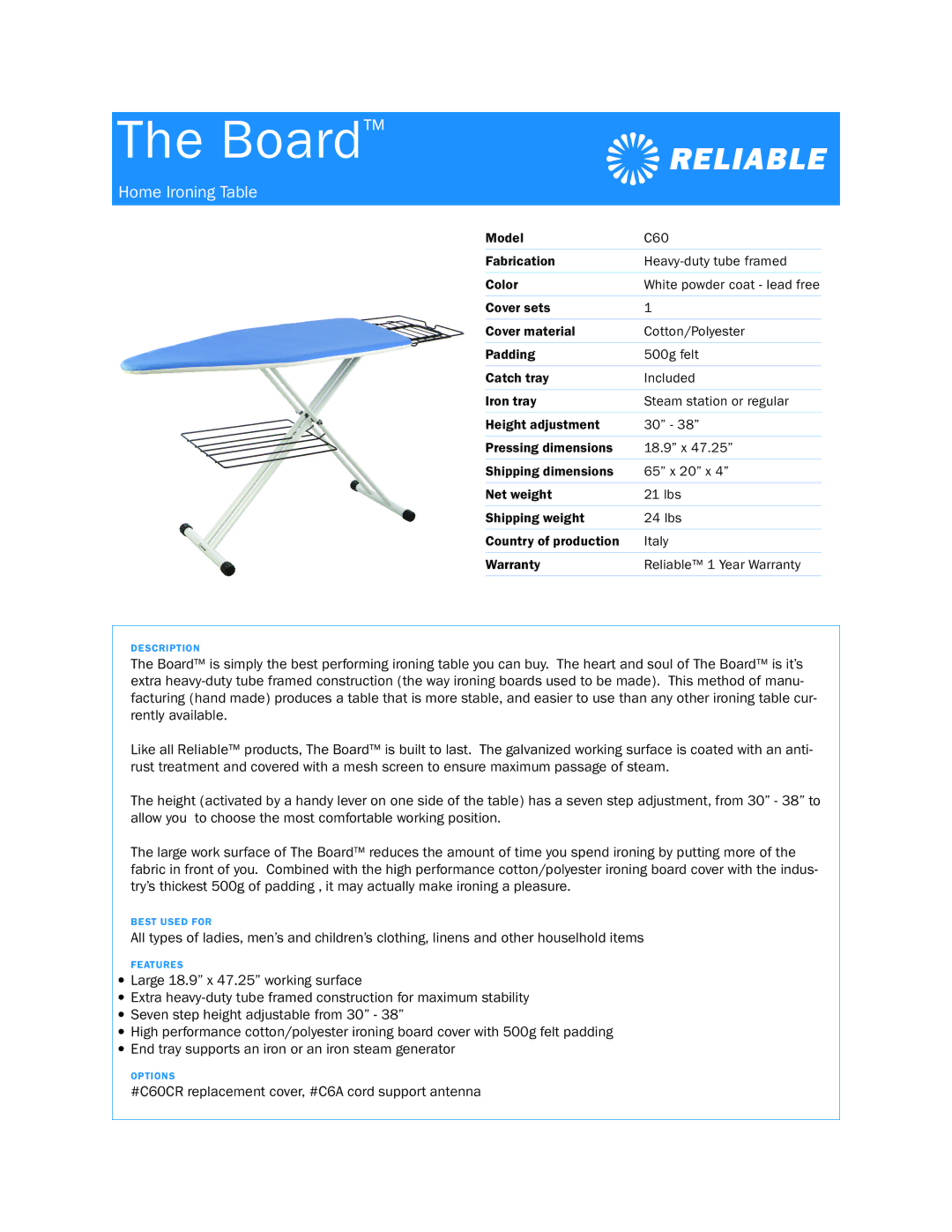 Reliable C60 dimensions Board, Home Ironing Table 