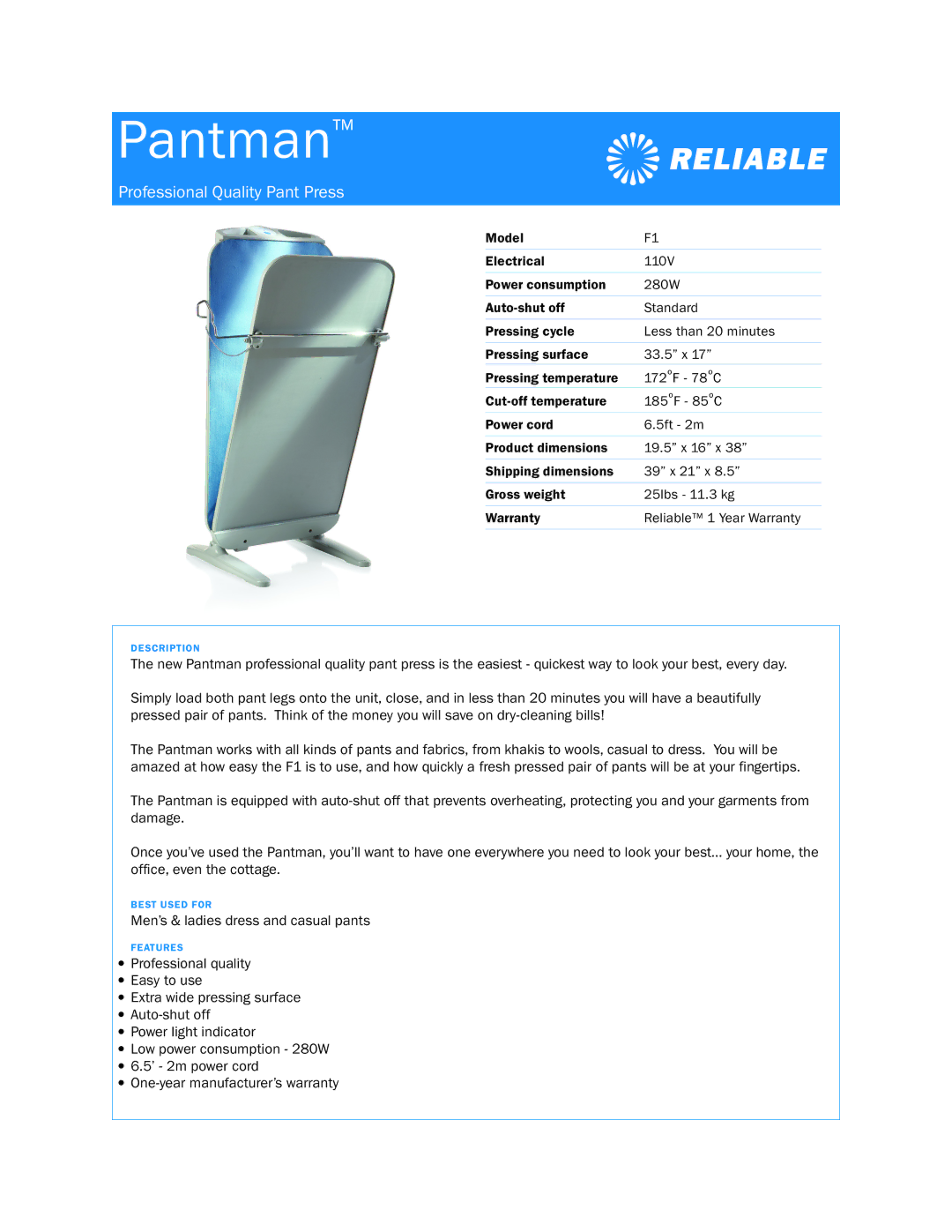 Reliable F1 dimensions Pantman, Professional Quality Pant Press 