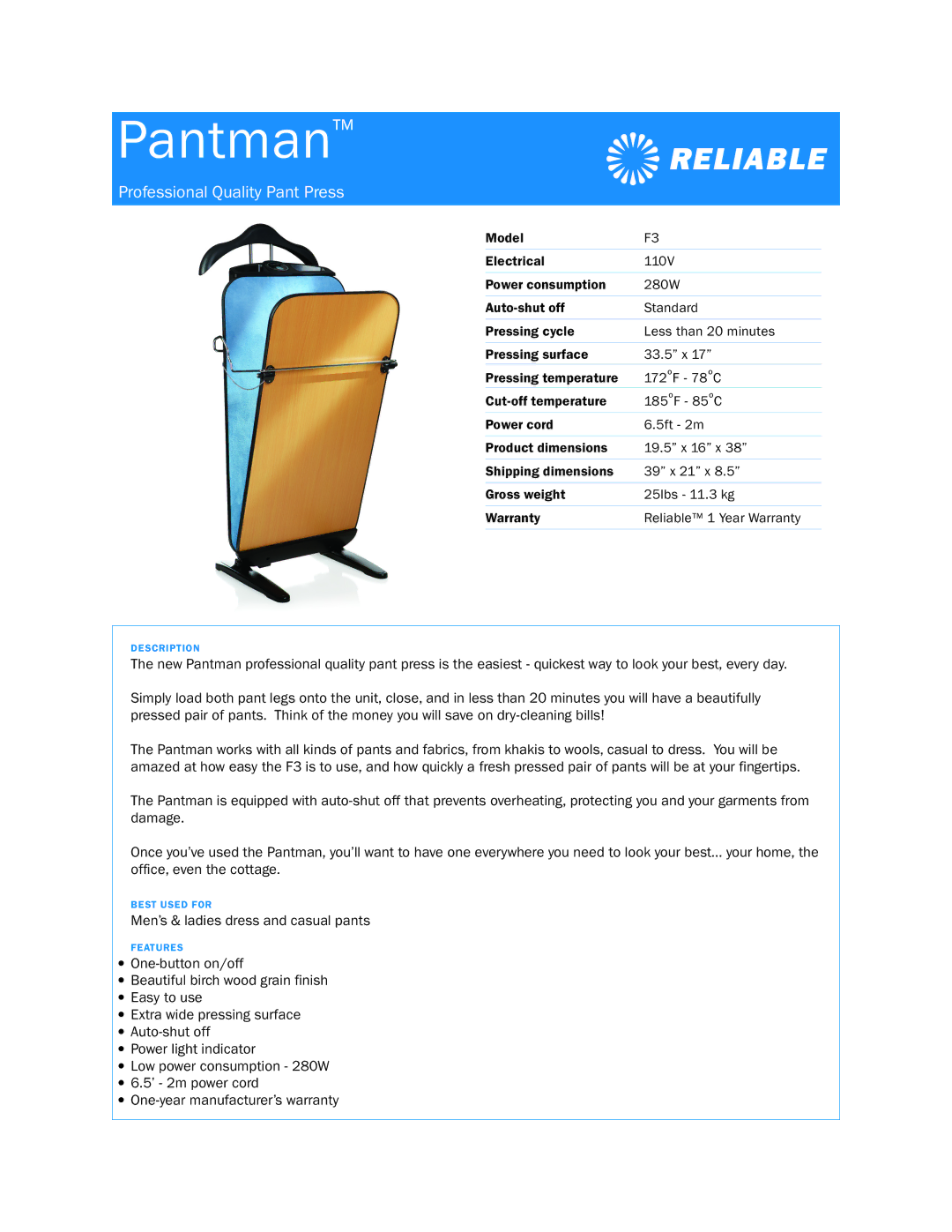 Reliable F3 dimensions Pantman, Professional Quality Pant Press 