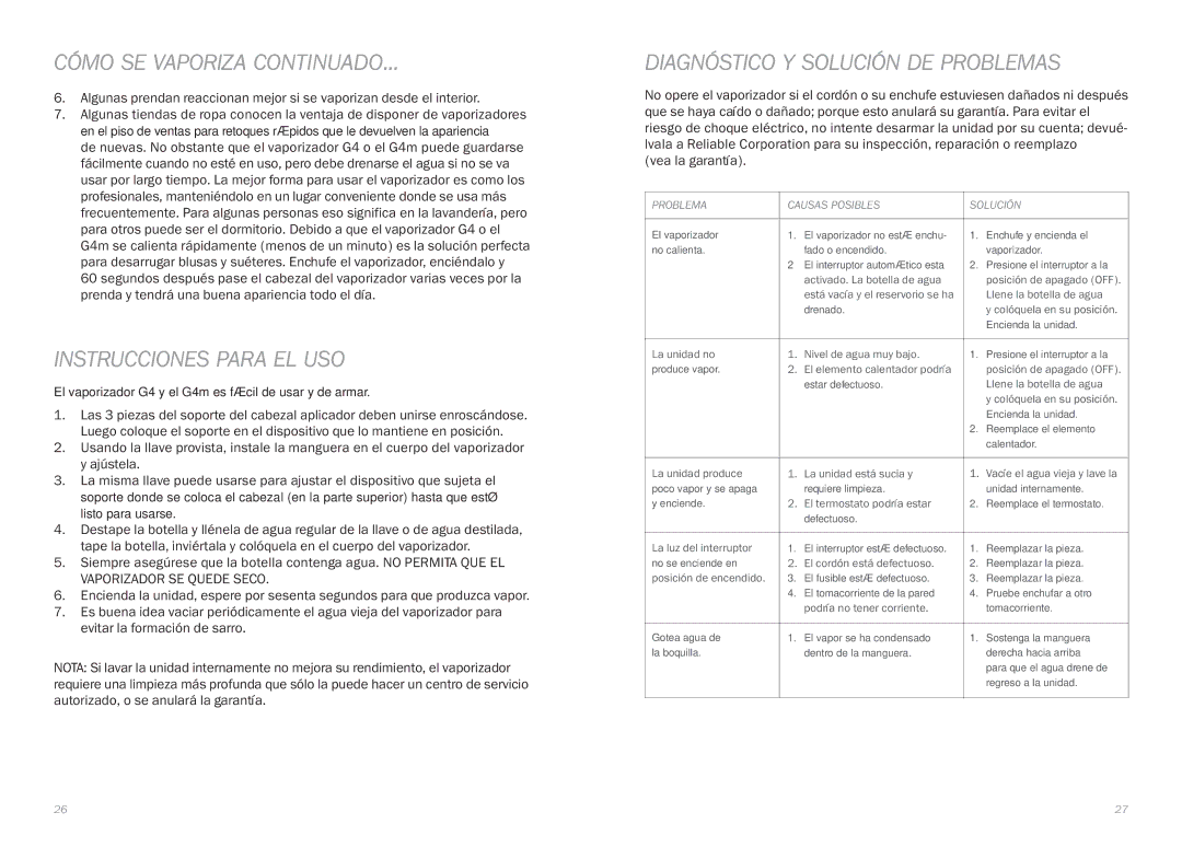 Reliable G4 instruction manual Cómo SE Vaporiza CONTINUADO…, Instrucciones Para EL USO, Diagnóstico Y Solución DE Problemas 