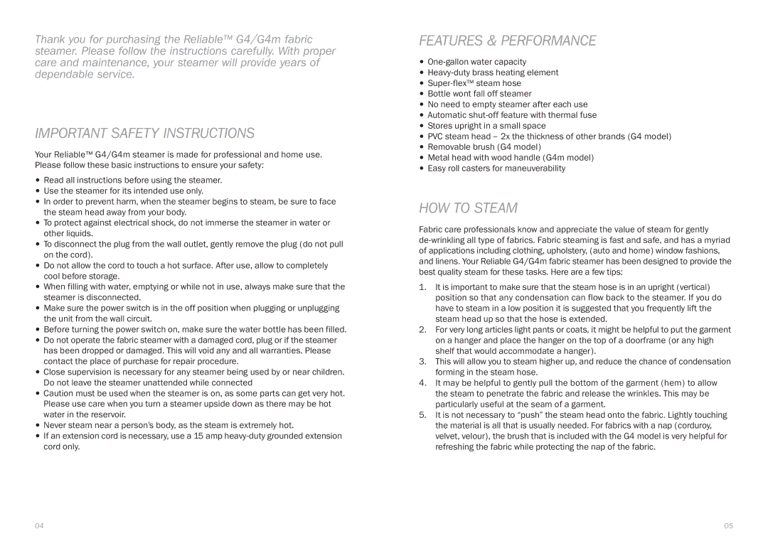 Reliable G4 instruction manual Important Safety Instructions, Features & Performance, HOW to Steam 