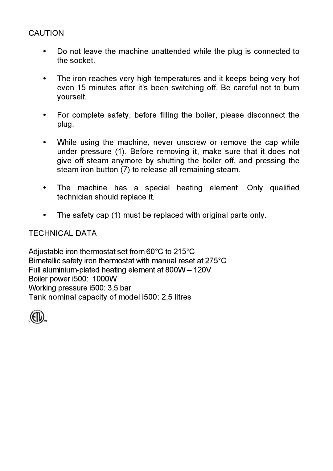 Reliable i500B, I500A instruction manual Technical Data 