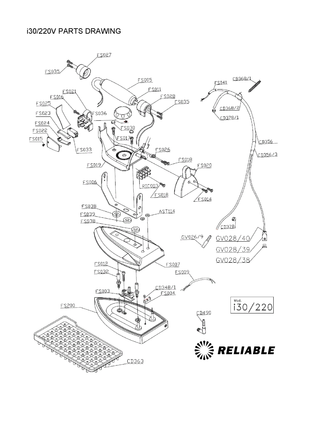 Reliable i30, I60 instruction manual I30/220V Parts Drawing 