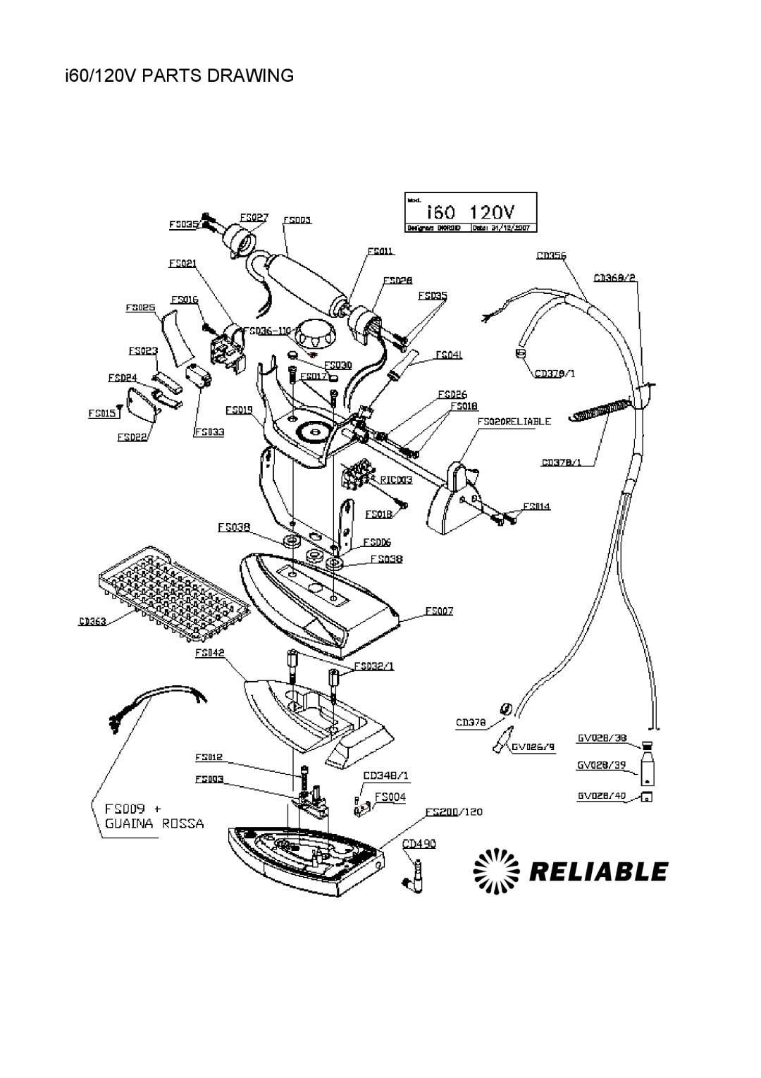 Reliable i30 instruction manual I60/120V Parts Drawing 