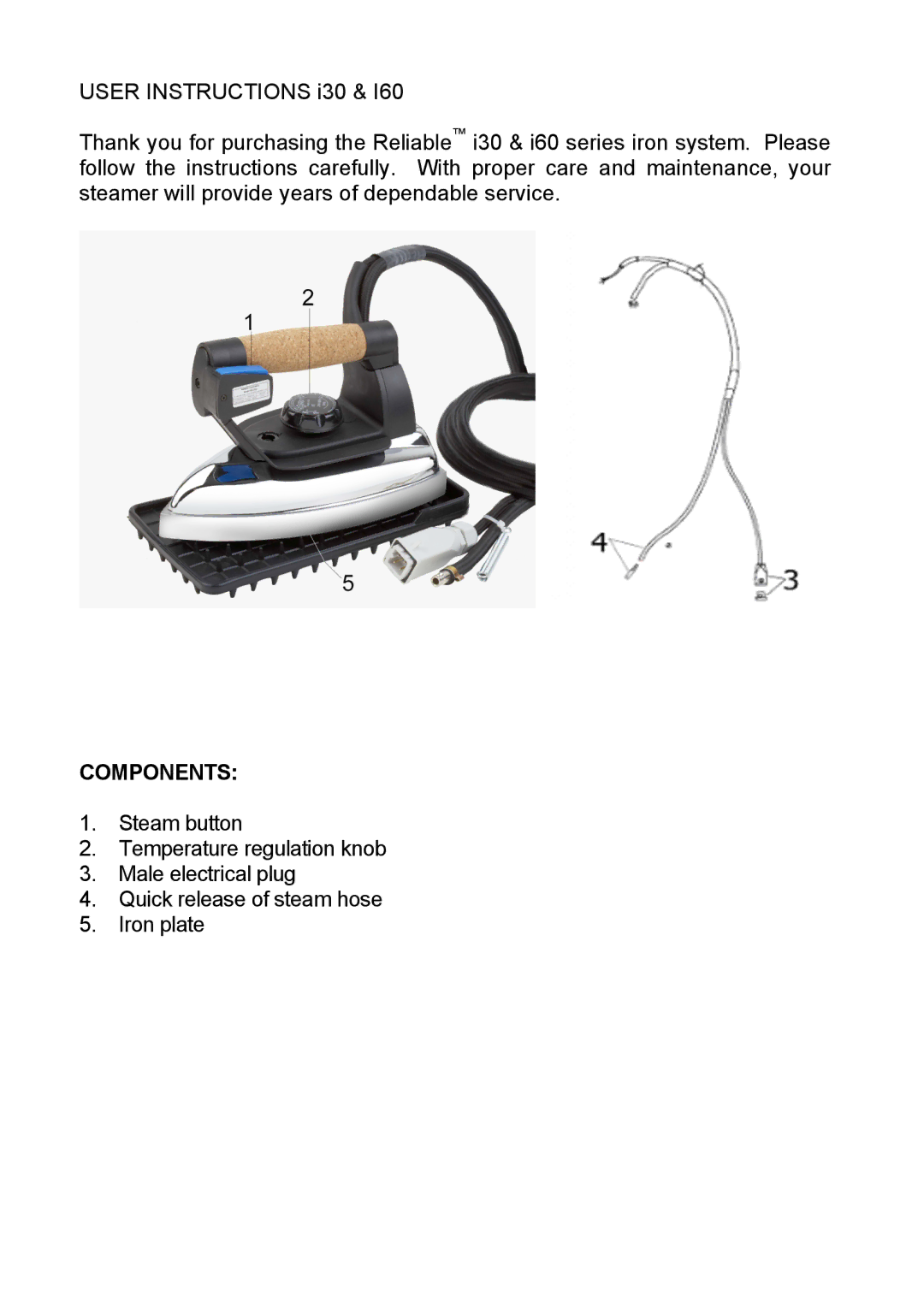 Reliable i30, I60 instruction manual Components 