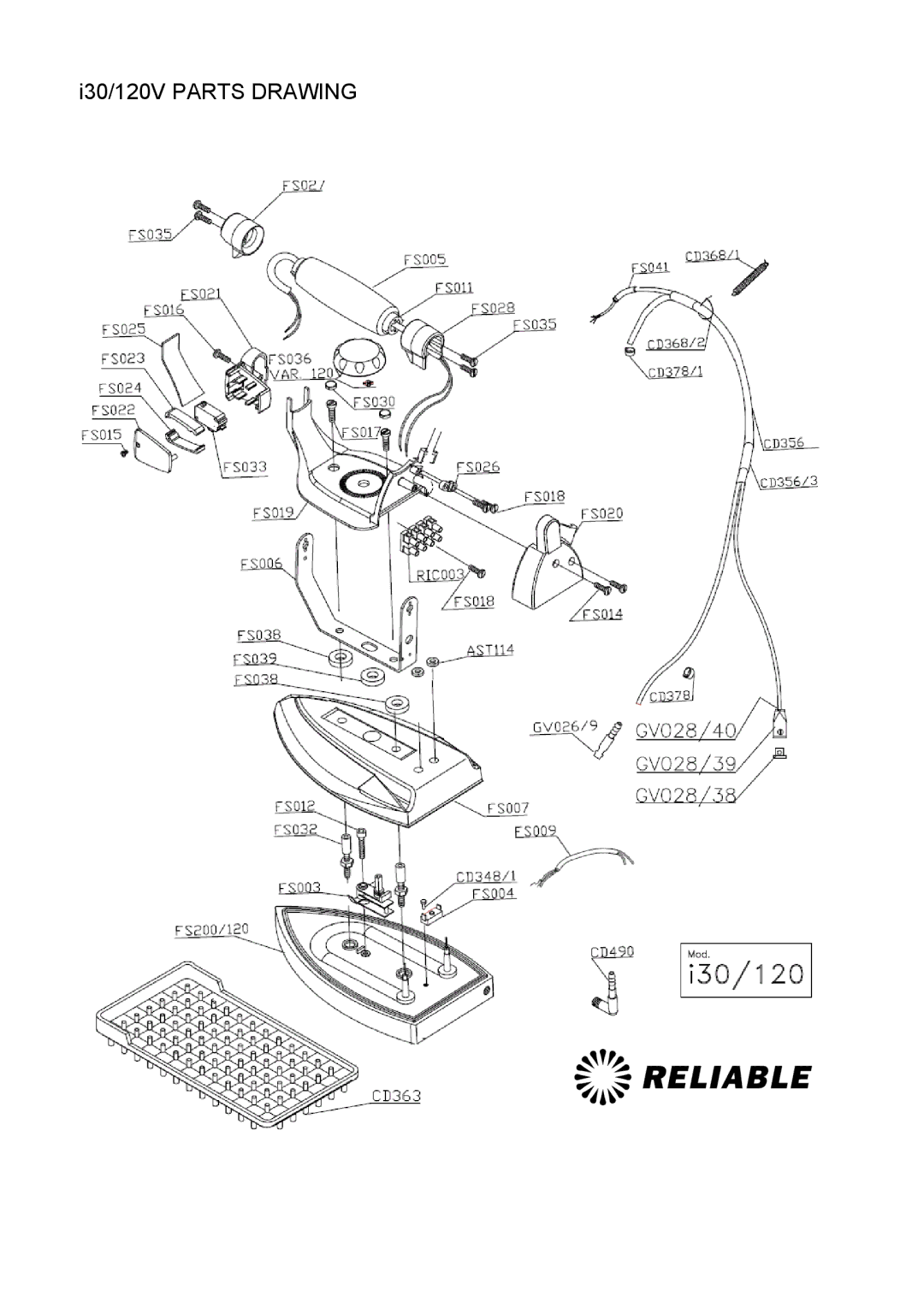 Reliable I60, i30 instruction manual I30/120V Parts Drawing 