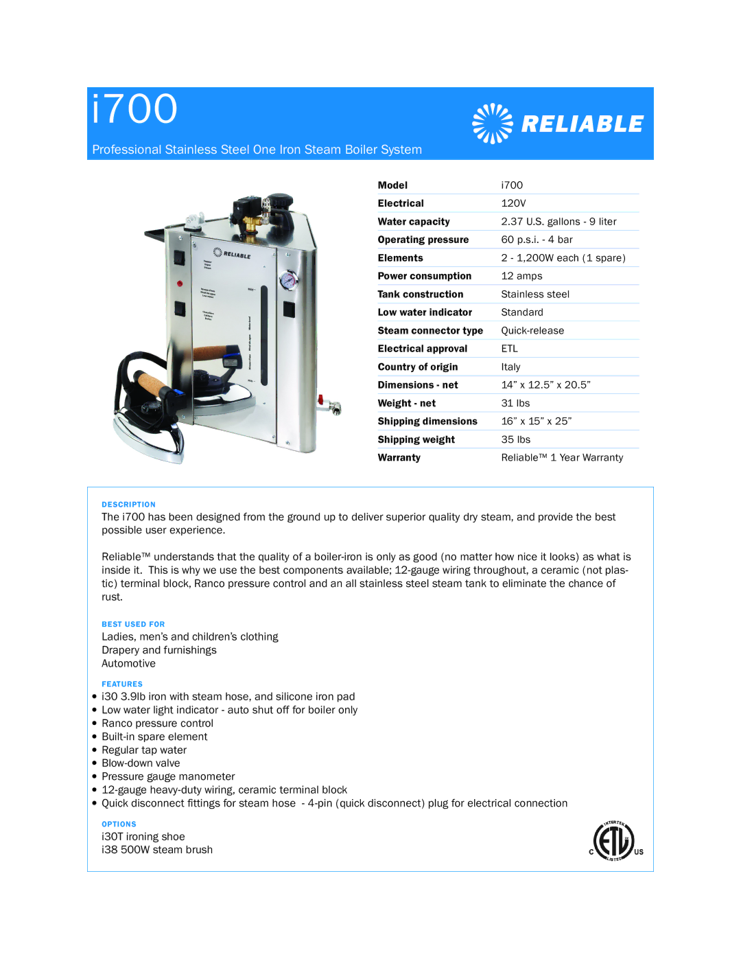 Reliable i700 dimensions I700, Professional Stainless Steel One Iron Steam Boiler System, Etl 