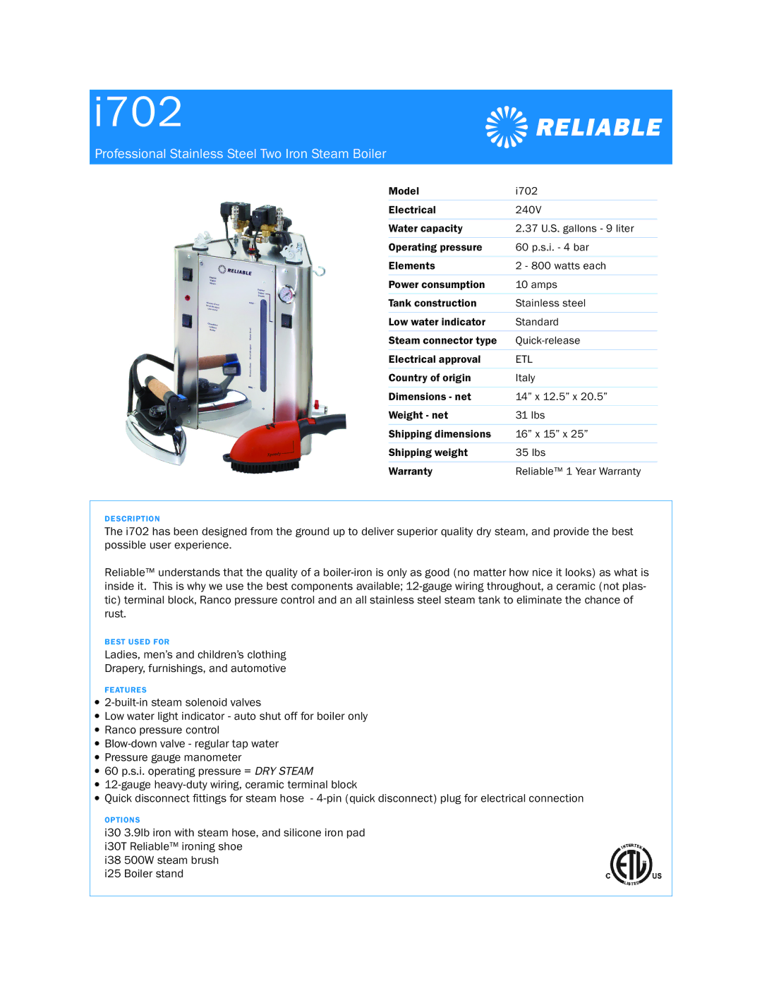 Reliable i702 dimensions I702, Professional Stainless Steel Two Iron Steam Boiler, Etl 