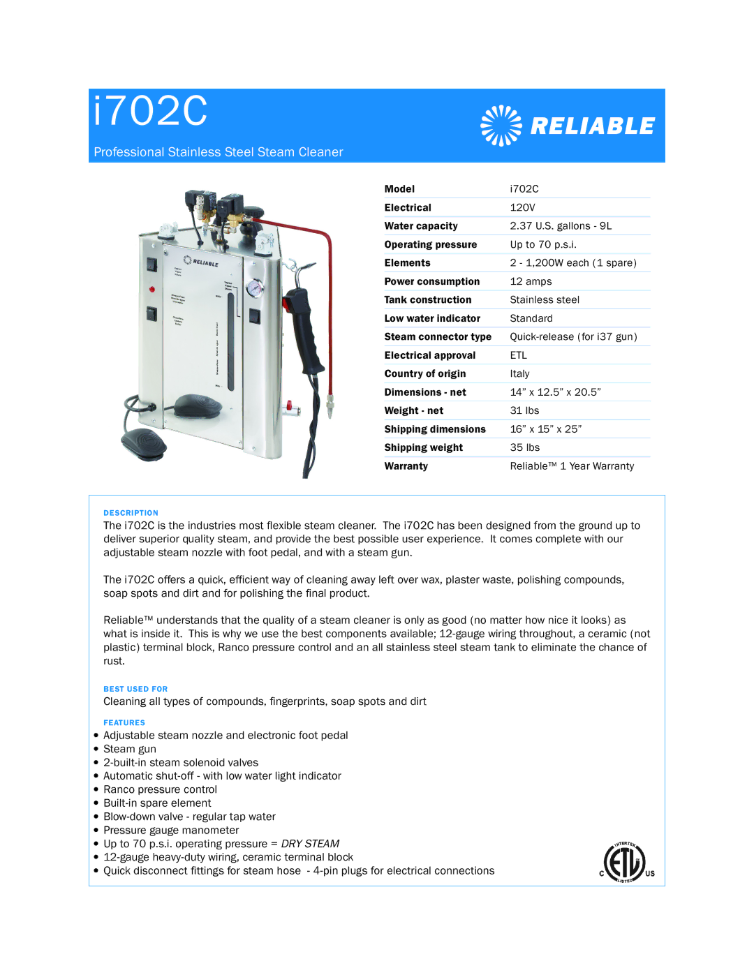 Reliable i702C dimensions I702C, Professional Stainless Steel Steam Cleaner 