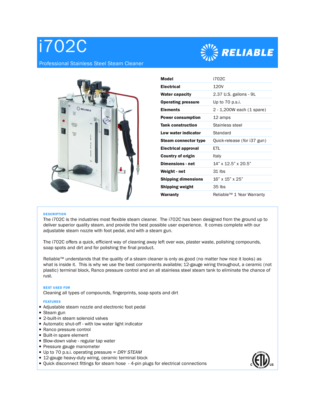 Reliable i702C dimensions Professional Stainless Steel Steam Cleaner 