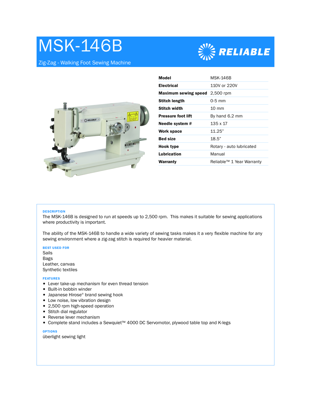 Reliable MSK-146B warranty Zig-Zag - Walking Foot Sewing Machine 