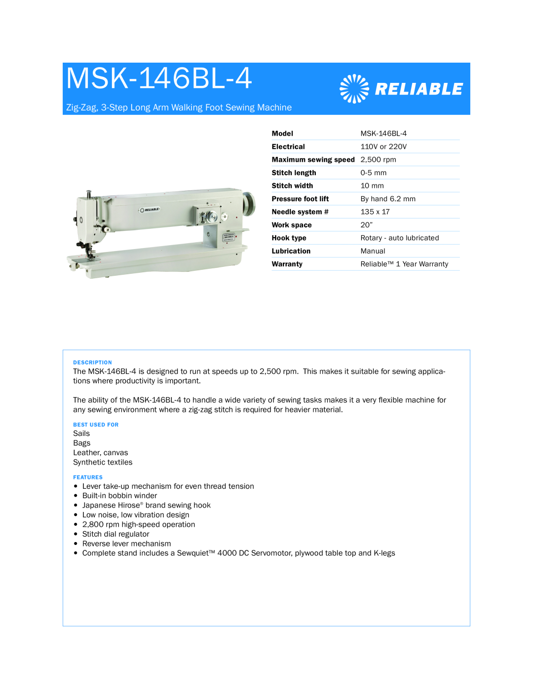 Reliable MSK-146BL-4 warranty Zig-Zag, 3-Step Long Arm Walking Foot Sewing Machine 