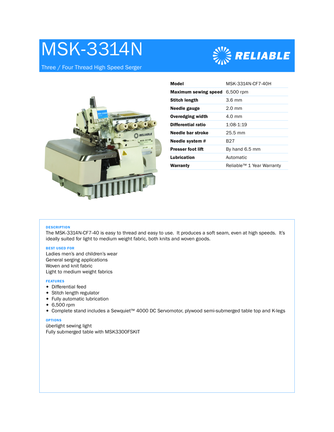 Reliable MSK-3314N-CF7-40H warranty Three / Four Thread High Speed Serger 