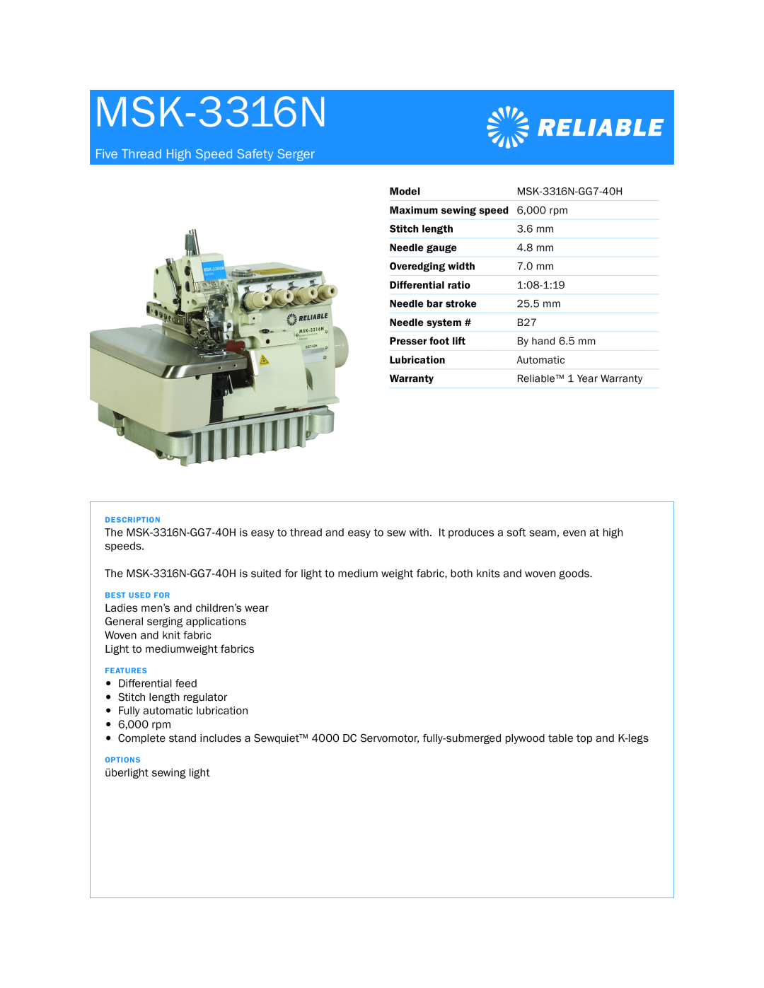 Reliable MSK-3316N warranty Five Thread High Speed Safety Serger 