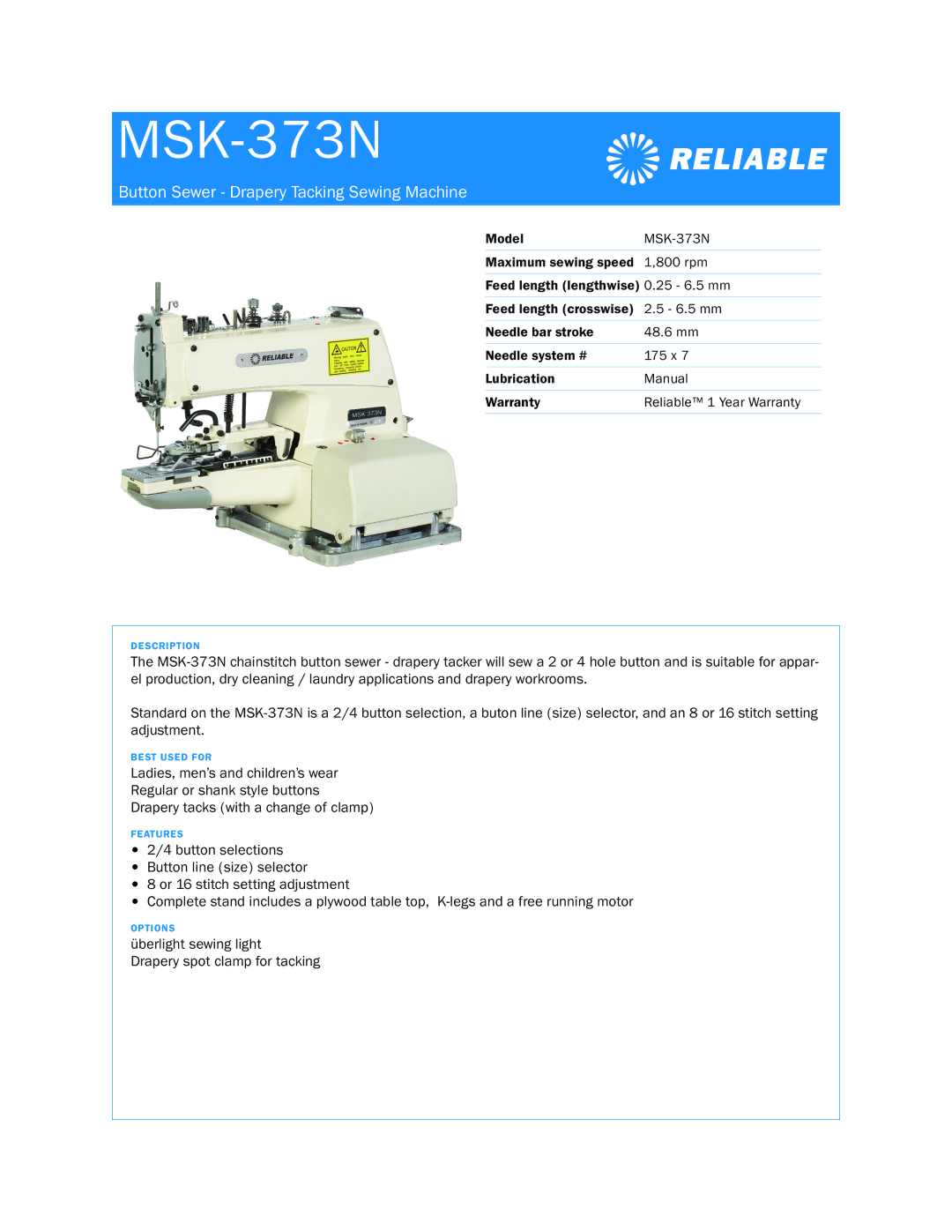 Reliable MSK-373N warranty Button Sewer Drapery Tacking Sewing Machine 