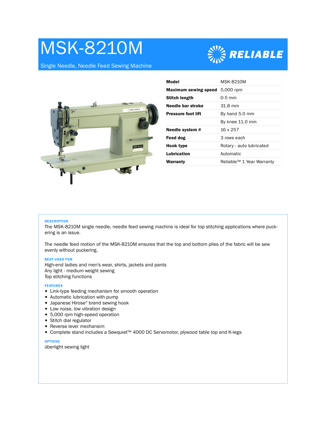 Reliable MSK-8210M warranty Single Needle, Needle Feed Sewing Machine 