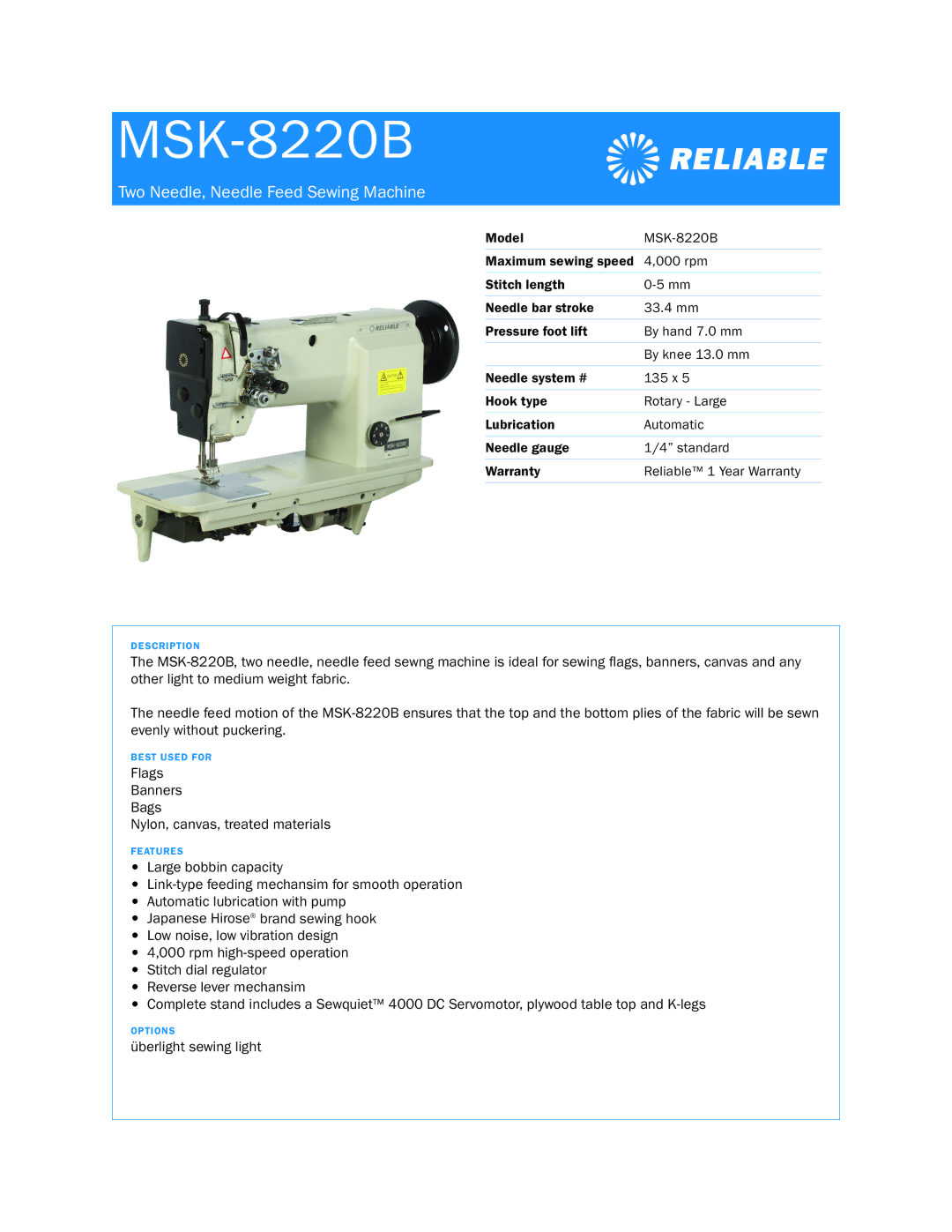 Reliable MSK-8220B warranty Two Needle, Needle Feed Sewing Machine 