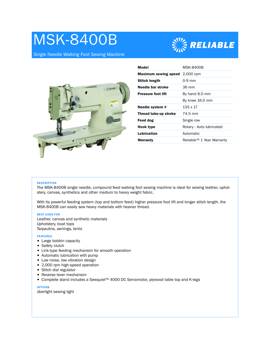 Reliable MSK-8400B warranty Single Needle Walking Foot Sewing Machine 