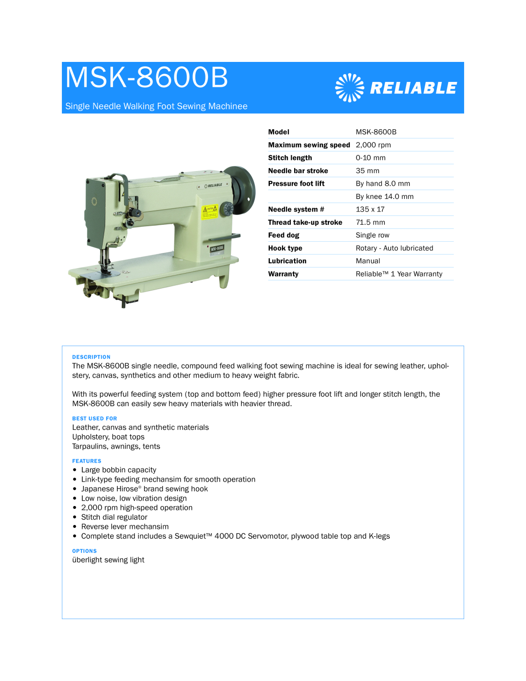 Reliable MSK-8600B warranty Single Needle Walking Foot Sewing Machinee 