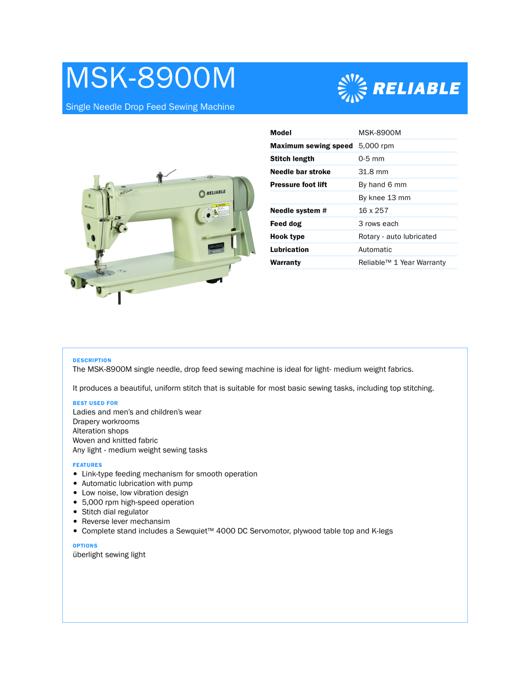 Reliable MSK-8900M warranty Single Needle Drop Feed Sewing Machine 