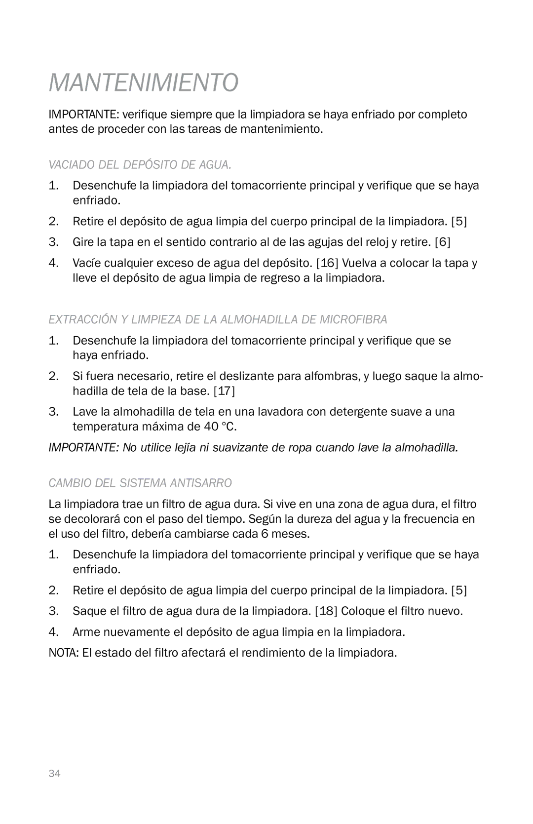 Reliable PROT3 instruction manual Mantenimiento, Vaciado del depósito de agua 