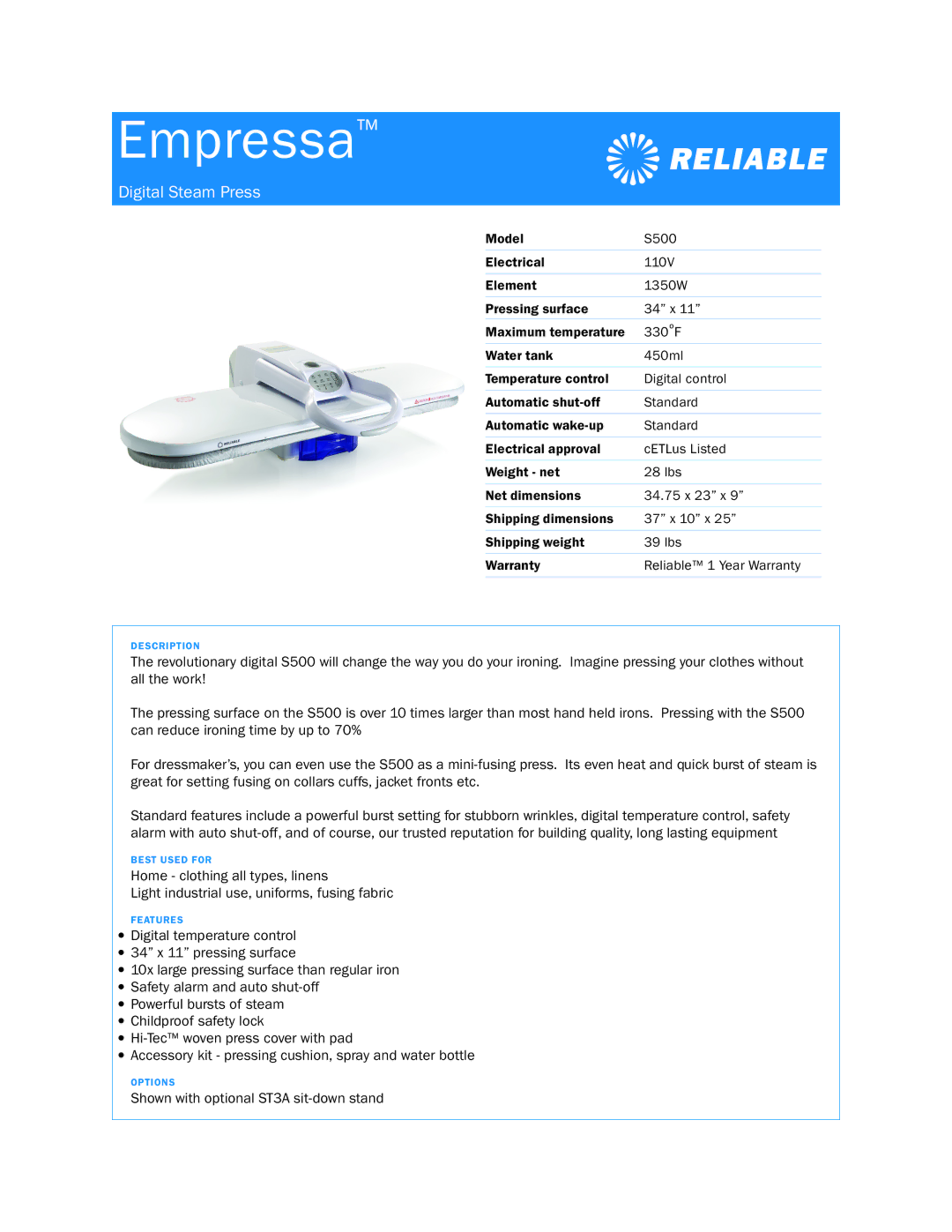 Reliable S500 dimensions Empressa, Digital Steam Press 