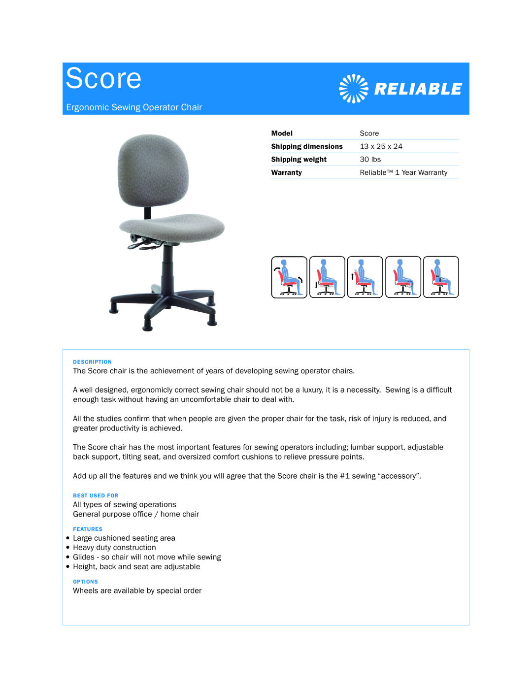 Reliable Score dimensions Ergonomic Sewing Operator Chair, Model, Shipping dimensions, Shipping weight, 30 lbs, Warranty 