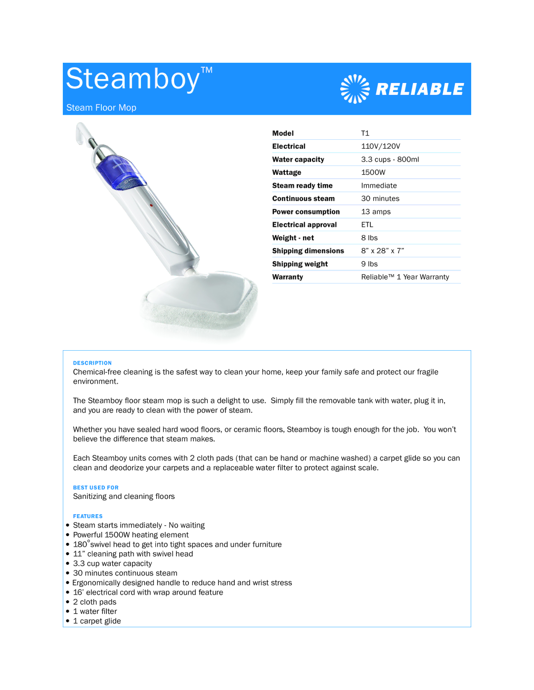 Reliable T1 dimensions Steamboy, Steam Floor Mop, Etl 