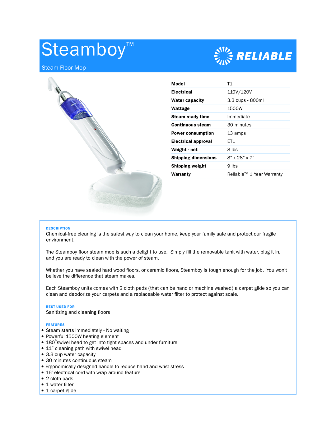 Reliable T1 dimensions Steamboy, Steam Floor Mop 