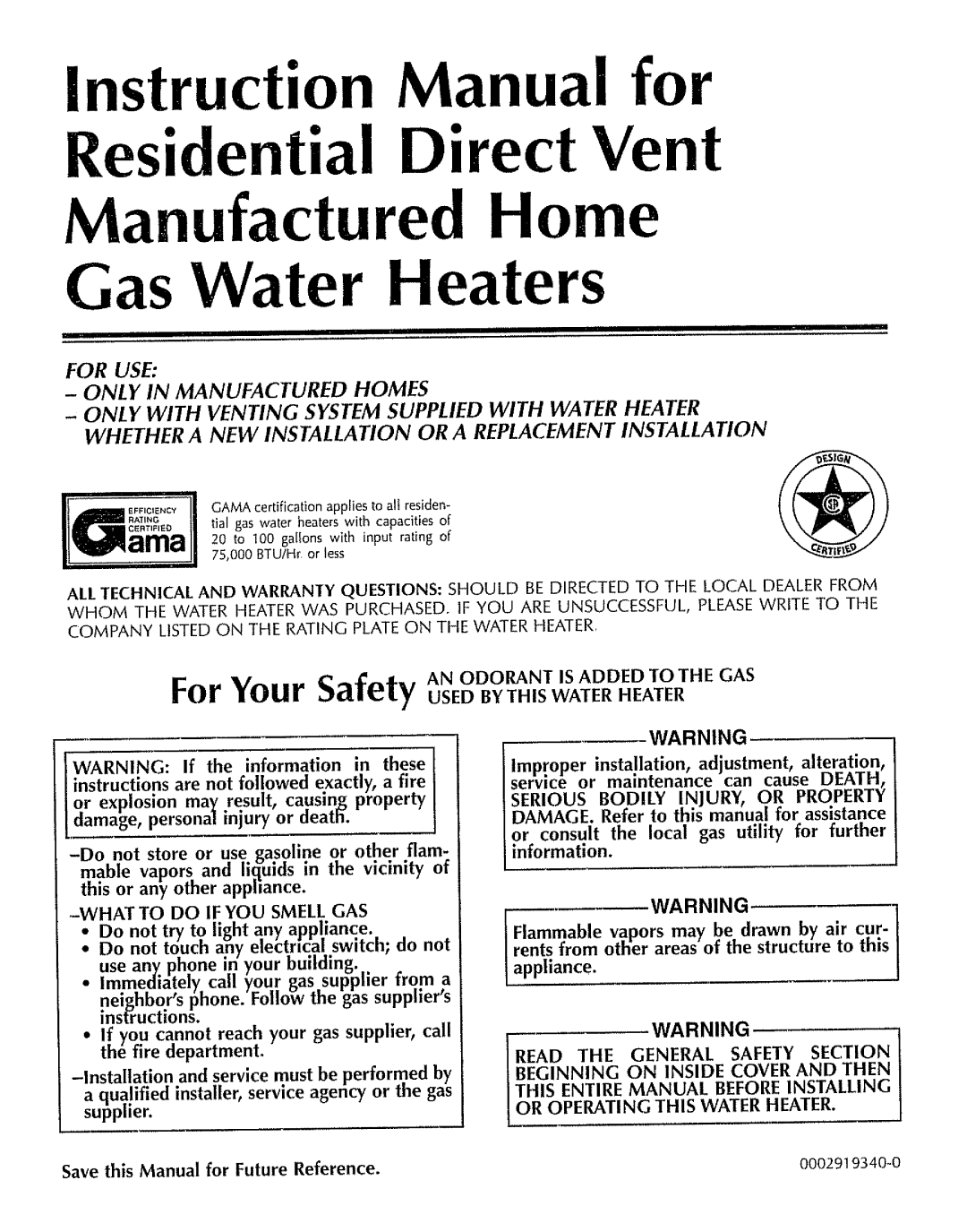 Reliance Water Heaters 0002919340 manual 