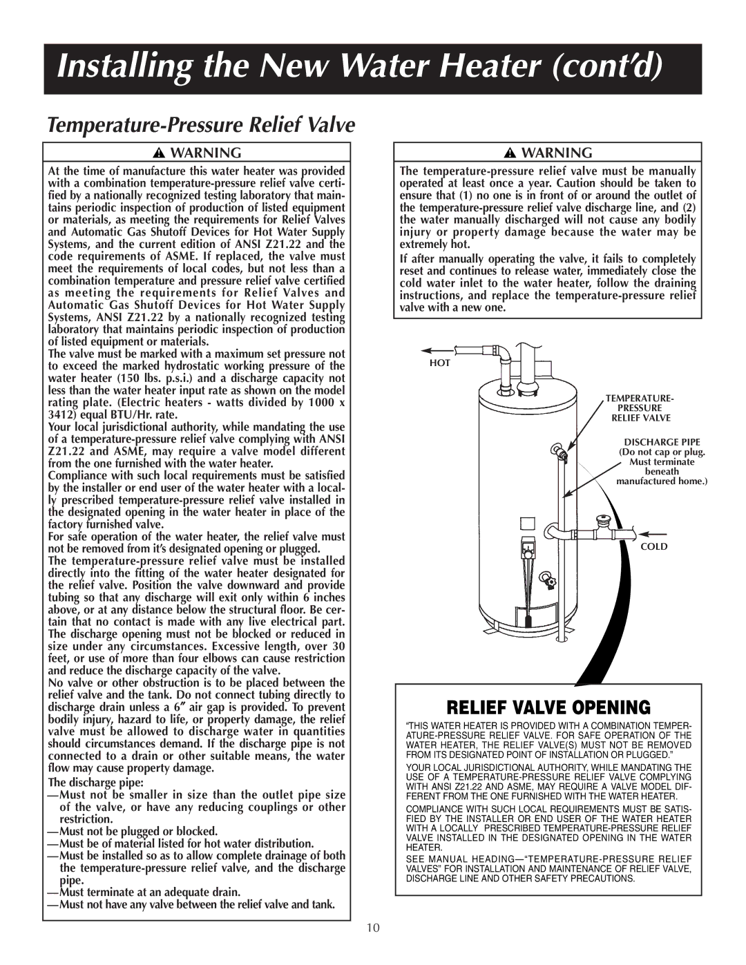 Reliance Water Heaters 184123-000 instruction manual Temperature-Pressure Relief Valve 