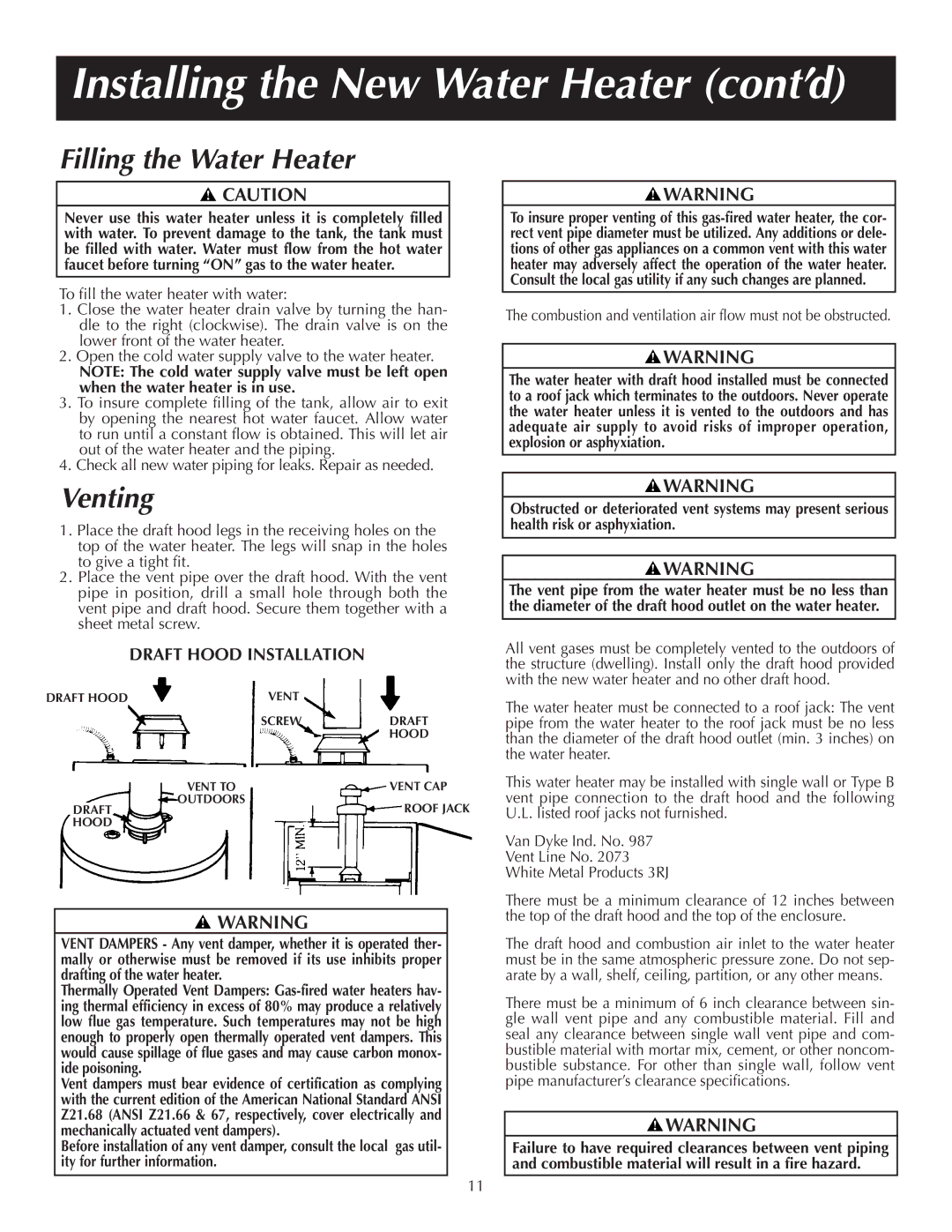 Reliance Water Heaters 184123-000 instruction manual Filling the Water Heater, Venting 