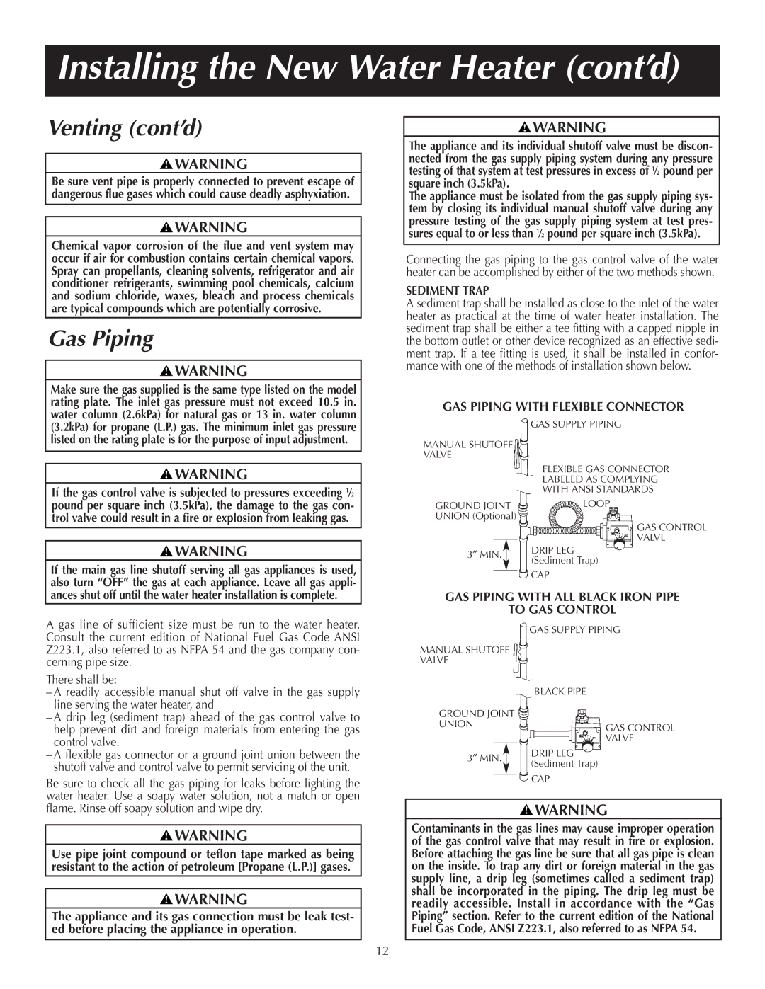 Reliance Water Heaters 184123-000 Venting cont’d, Gas Piping, Sediment Trap, GAS Piping with Flexible Connector 