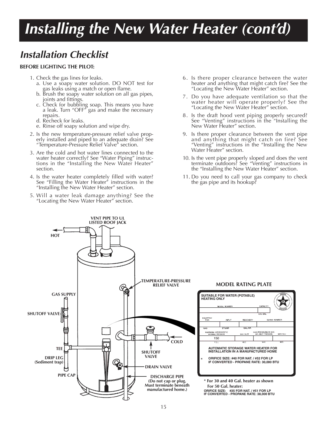 Reliance Water Heaters 184123-000 instruction manual Installation Checklist, Before Lighting the Pilot, Model Rating Plate 